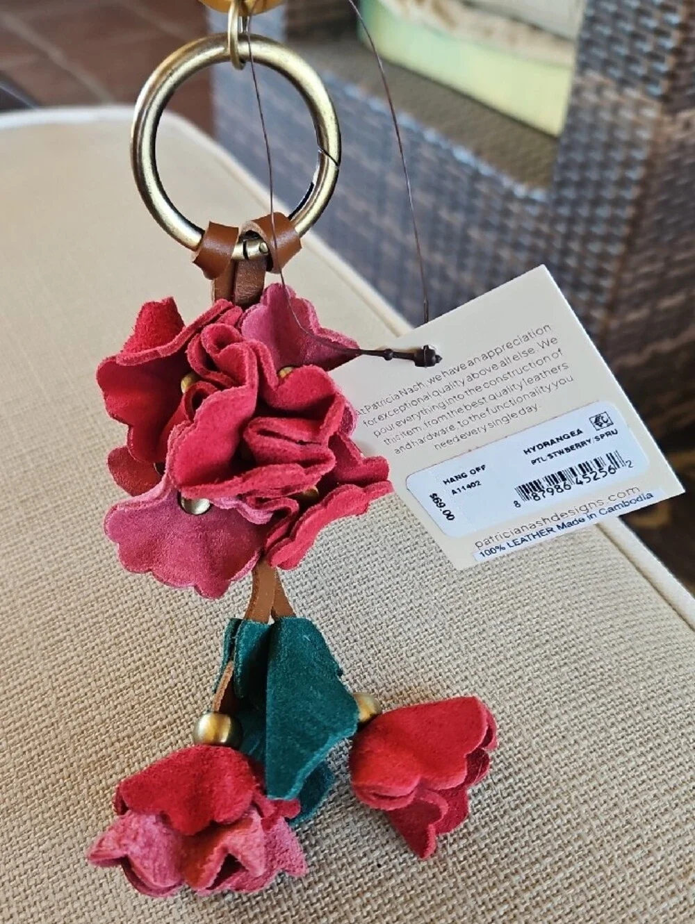 Patricia Nash Red Floral Leather Key Ring And Purse Charm with Green Leaves